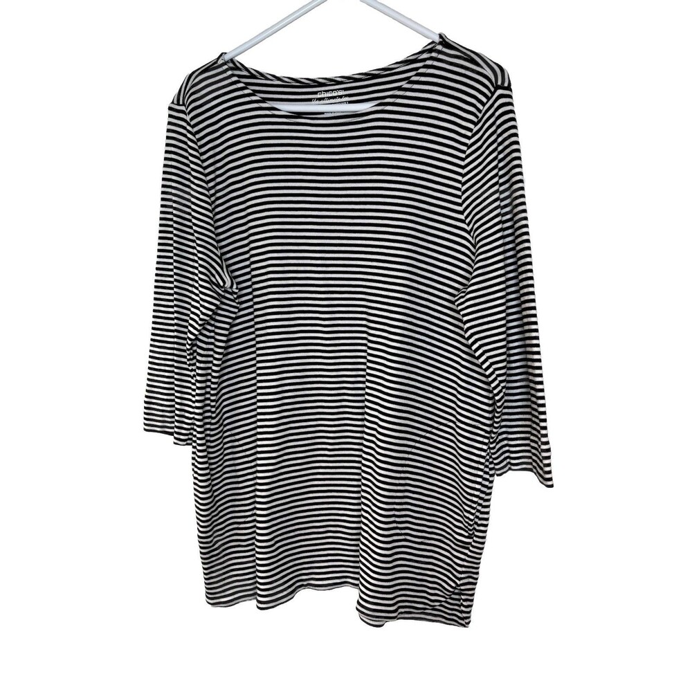 Chicos Black White Stripes 3/4 Sleeve Blouse sz 3 / 16 XL (15